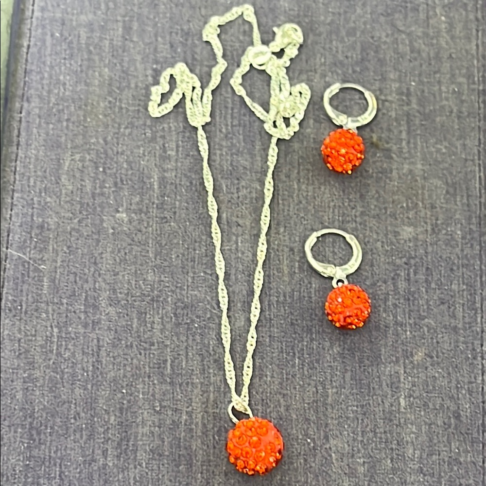 Sterling silver Orange Ball Necklace and Earring Set